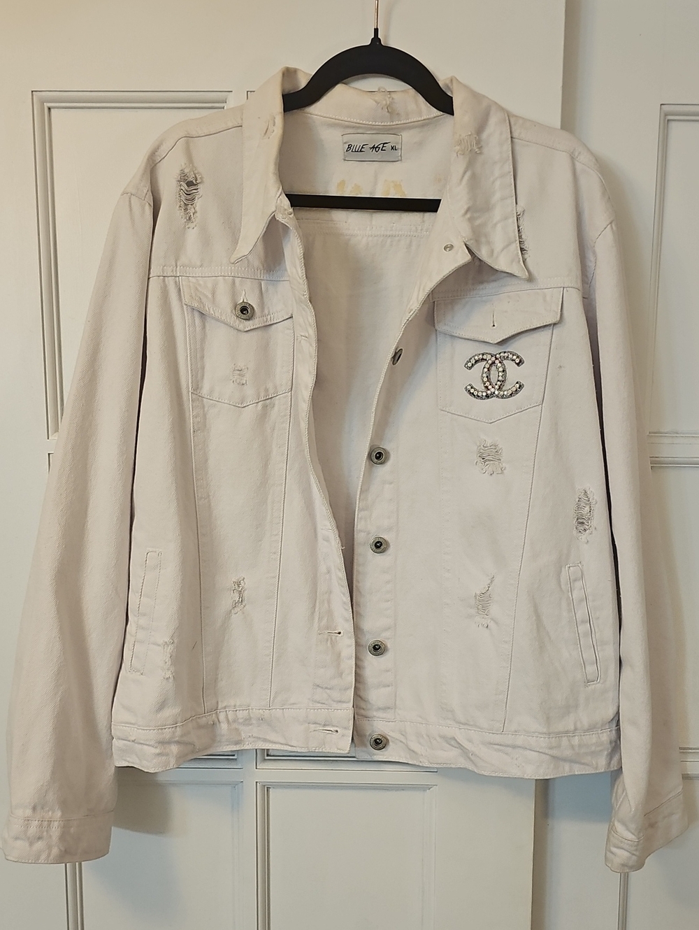 CC Distressed White Disstresed  Denim Jacket with Embellished Logo